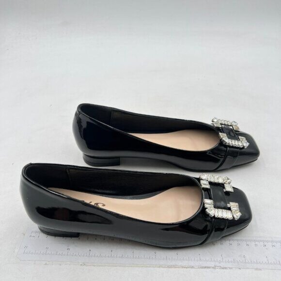 FYS flats square toe Rhinestone Crystal Low Chunky Heel Shoes Black - Picture 3 of 7